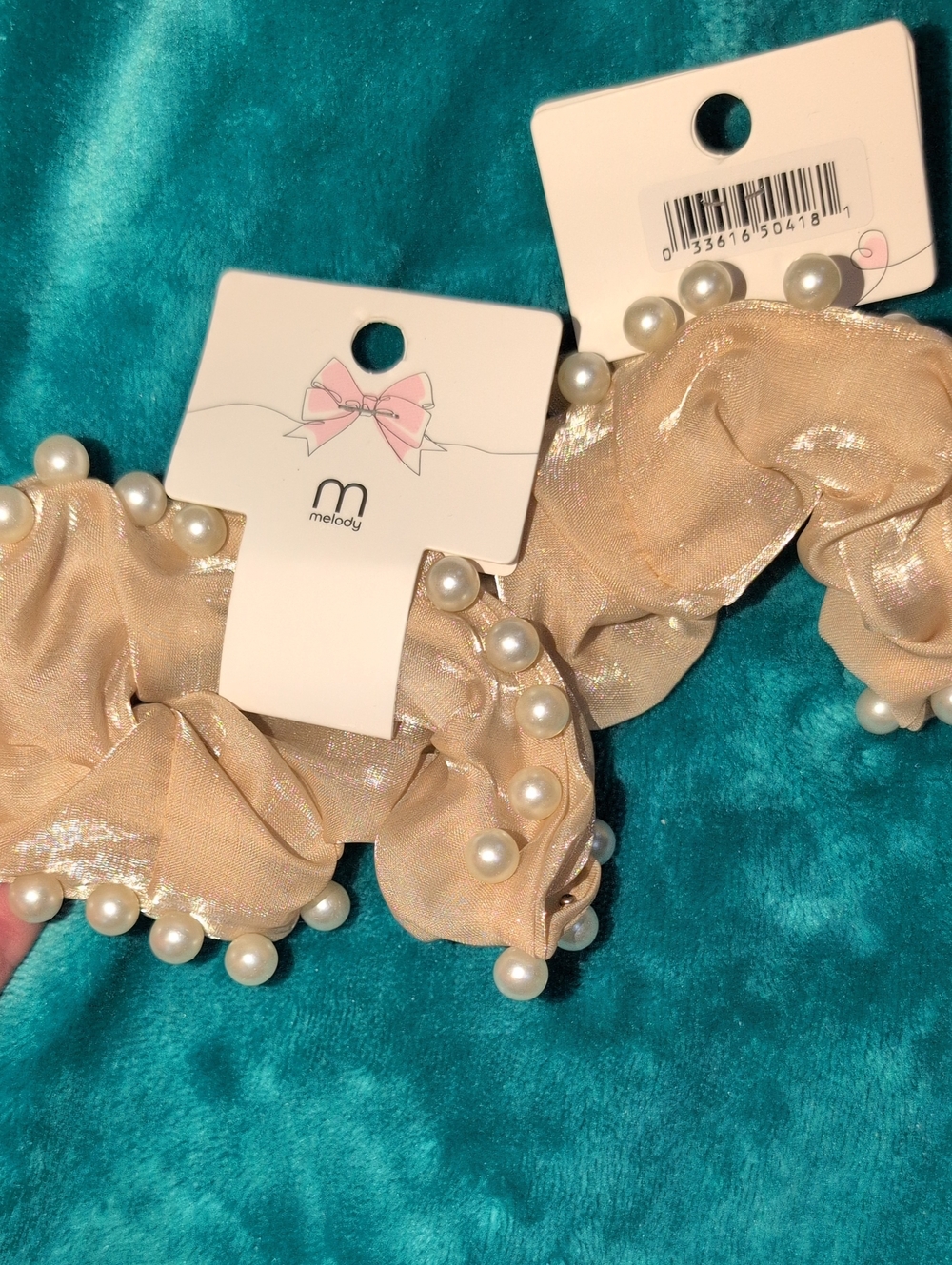 Melody Pearl-Trim Shimmery Beige Scrunchies (Set of 2)